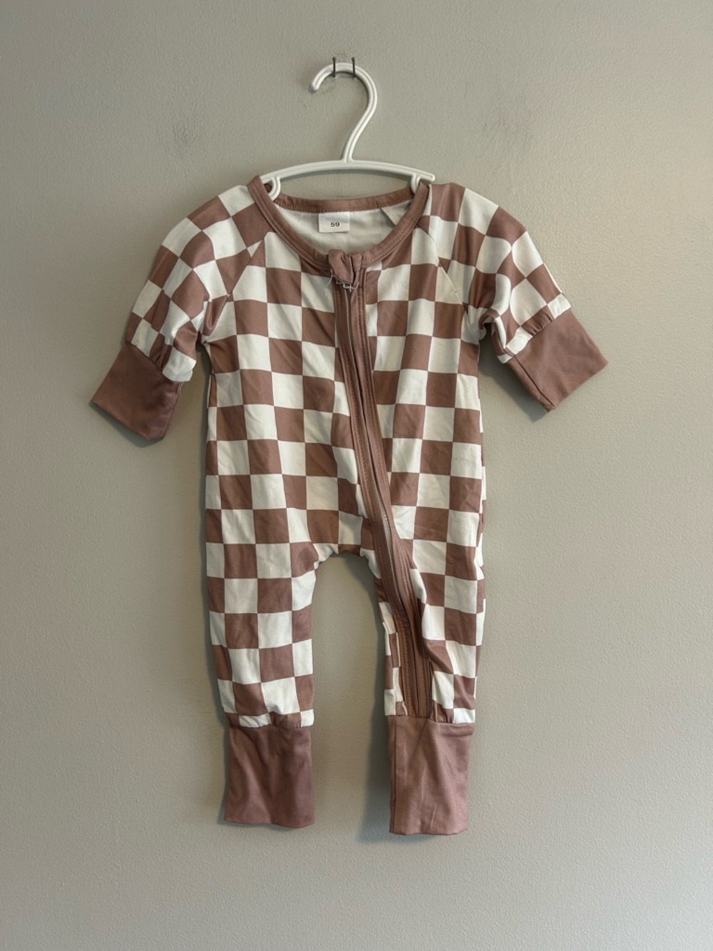 (3/$20) Shein 6m Checkerboard Brown & White zip up sleeper romper